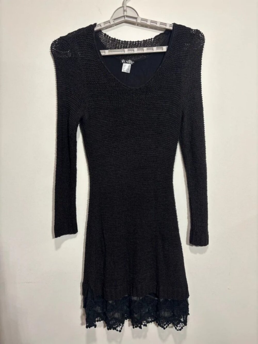 Venus black open knit dress lined lace ruffle hem long sleeve size small